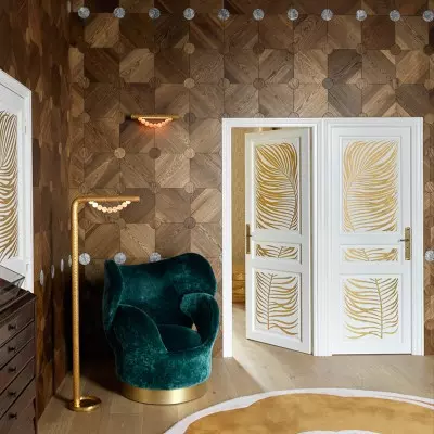 Médaillon Chêne Brown Fumé incrustation Marbre Fior di Pesco - vue ambiance 03